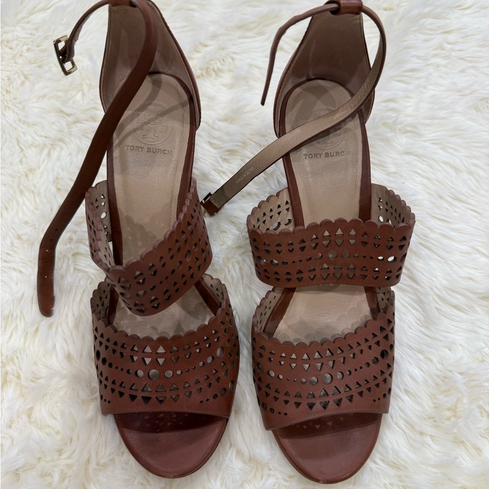 Tory Burch Brown Sandals with Laser-Cut Detailing